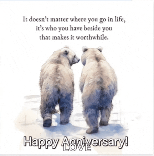 a happy anniversary card with two polar bears walking in the snow
