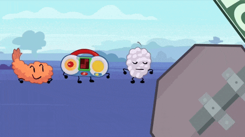 a group of cartoon characters are dancing in a line including a radio