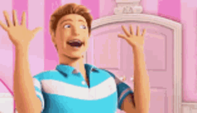 a man and a woman are standing in a pink room .