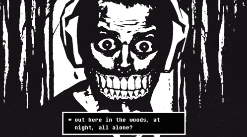a black and white drawing of a monster with the words out here in the woods at night all alone on the bottom