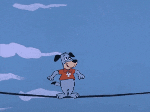 a cartoon dog is standing on a tightrope wearing an orange shirt with a cross on it
