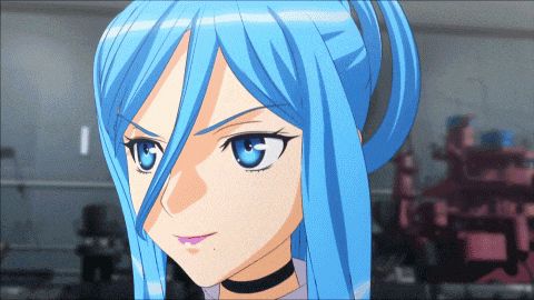 a close up of a blue haired anime character with a choker around her neck