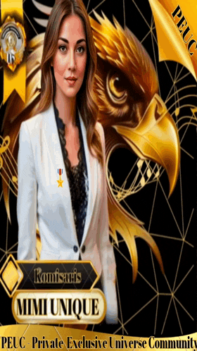 a woman in a white jacket is standing in front of a gold eagle