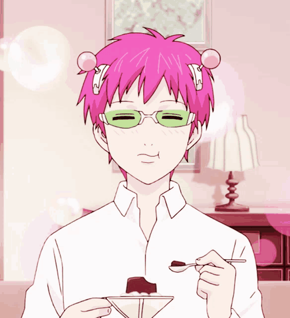 a cartoon character with pink hair and green glasses is eating something