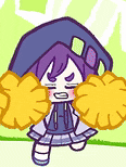 a cartoon of a girl with purple hair and yellow pom poms in her hands .