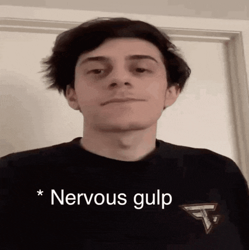 a young man with a nervous gulp on his shirt
