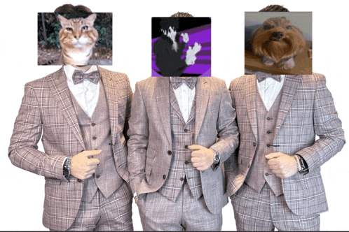 three men in suits with their faces covered by pictures
