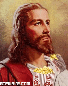 a painting of jesus with a bag of popcorn