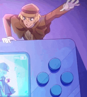 a cartoon character is playing a video game on a purple background