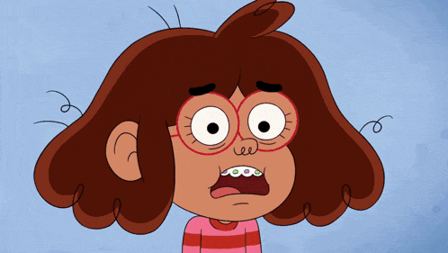 a cartoon girl with braces on her teeth looks surprised