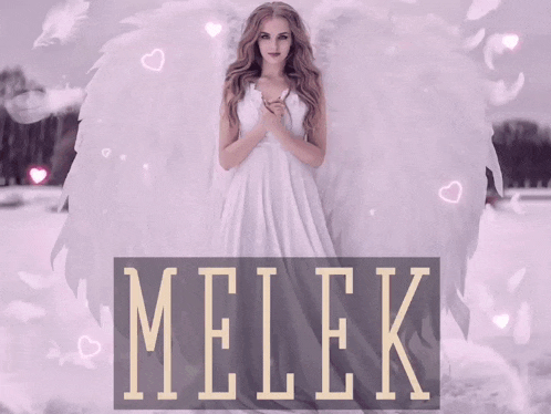 a woman in a white dress with angel wings is standing in the snow with the word melek above her