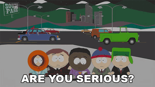 a group of south park characters are standing on the side of a street