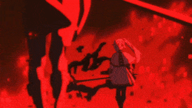 a girl with a sword is standing in a dark room with a red light behind her