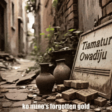 a sign that says ' tiatur owadiju ' on it sits next to a pile of bricks