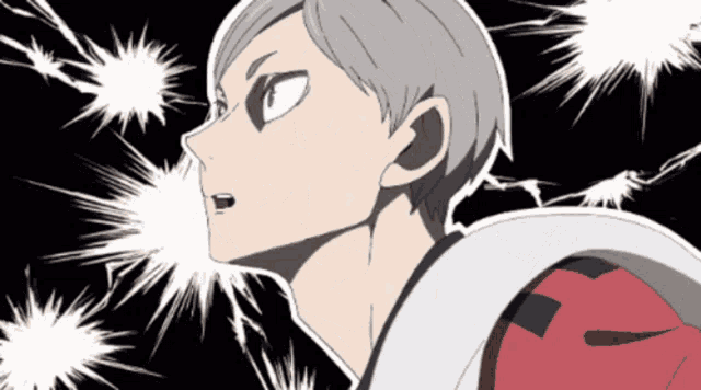 a cartoon of a man with gray hair and a red jacket
