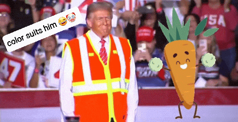 a man in a safety vest stands next to a carrot with arms and legs