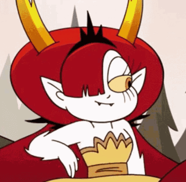 a cartoon character with horns and a crown on her head is wearing a yellow dress .