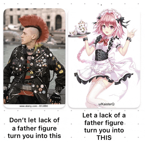a picture of a man with a mohawk next to a picture of a girl with a maid outfit