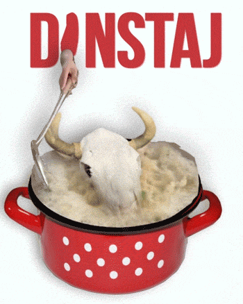 a red pot with white polka dots has a bull 's head in it and the word danstav above it