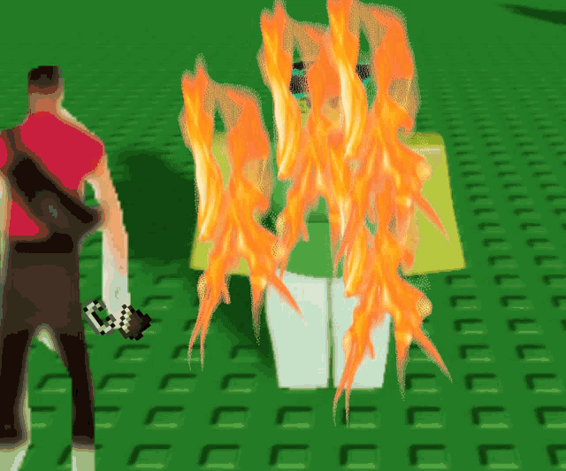 a man in a red shirt is standing next to a cartoon character that is on fire