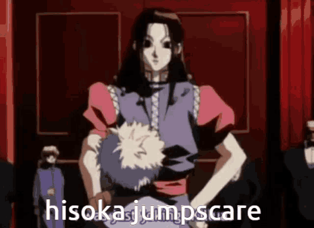 a girl in a pink and purple dress is standing in front of a red curtain with the words hisoka jumpscare written on it