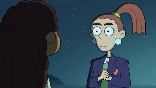 a cartoon girl with a ponytail is talking to another cartoon girl