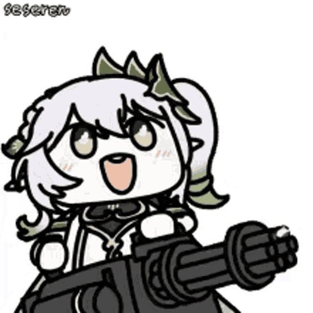 a cartoon girl is holding a gun in her hands .