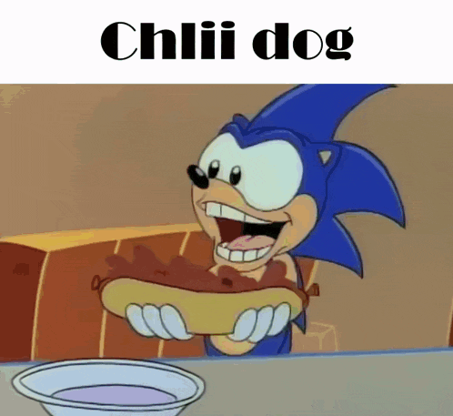 a cartoon of sonic holding a chili dog in his hands