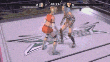 two women are fighting in a video game with the time of 00:59 on the screen