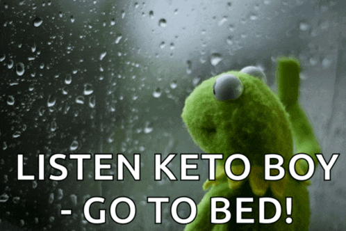 kermit the frog looking out a window with the words listen keto boy - go to bed below him