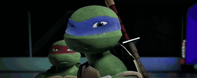 two teenage mutant ninja turtles are standing next to each other and one of them is wearing a blue mask