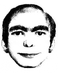 a black and white drawing of a man 's face with a bald head and a beard .