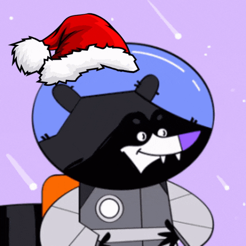 a cartoon raccoon wearing a santa hat on his head