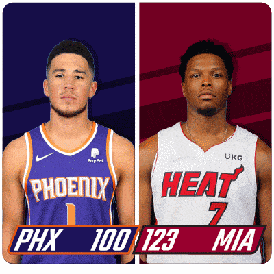 two basketball players one from the phoenix team and the other from the heat team