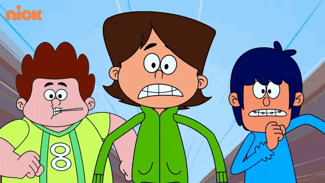 three cartoon characters standing next to each other with a nick logo in the corner