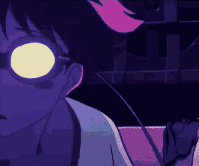 a close up of a person wearing glasses with a yellow eye