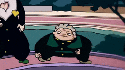 a cartoon of a man with gray hair and a green jacket is standing next to a woman .