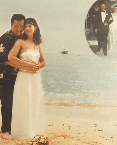 a bride and groom are posing for a picture on a beach