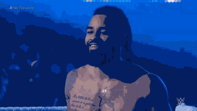 a man with a beard is standing in a wrestling ring with # nxtlevelup written on the screen