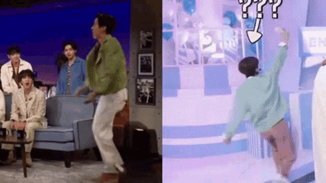 a group of people are sitting on a couch and a man is dancing on a stage .