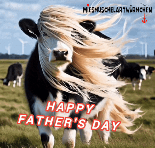 a happy father 's day greeting card with a cow in the foreground
