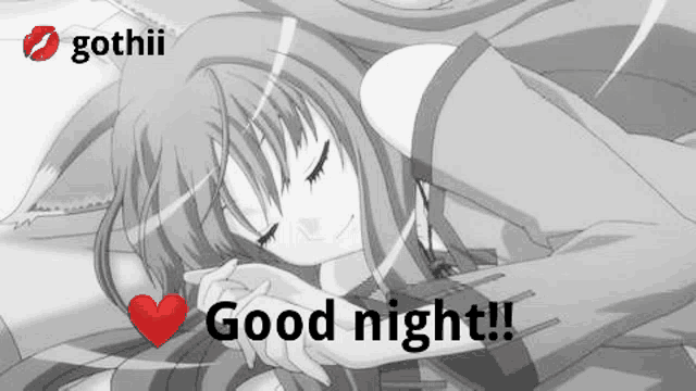 a black and white photo of a girl sleeping with a red heart and the words `` good night '' .