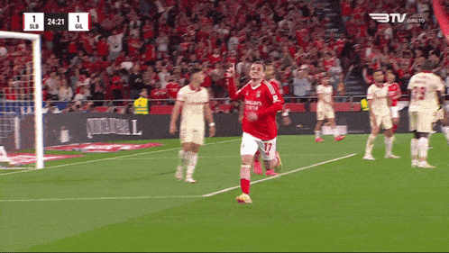 a soccer player with the number 17 on his shorts is running on the field