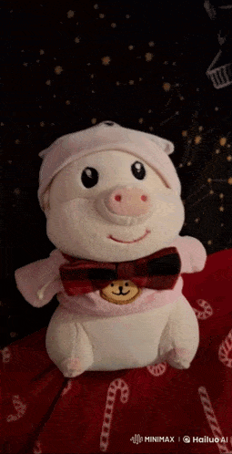 a stuffed pig wearing a hat and bow tie is on a red blanket