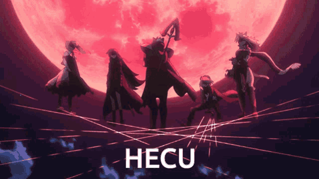 a group of people standing in front of a full moon with the word hecu on the bottom right