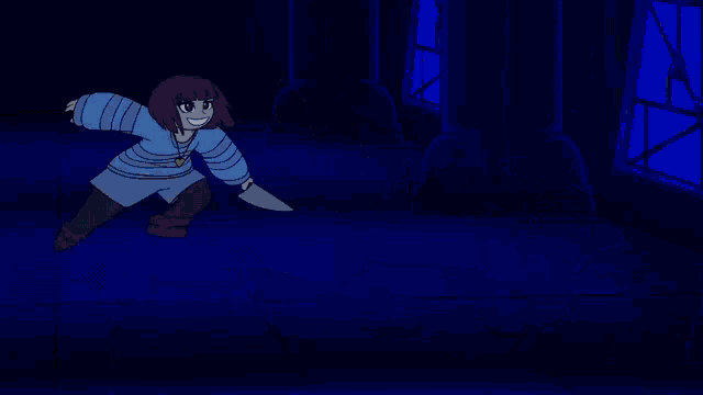 a cartoon girl with short hair is smiling in a dark room .