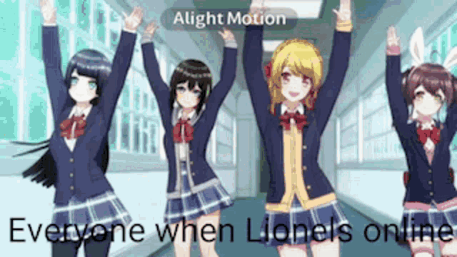 a group of anime girls raising their arms in the air