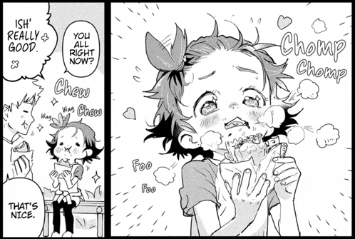 a black and white drawing of a girl eating a sandwich with the words " that 's nice " below her