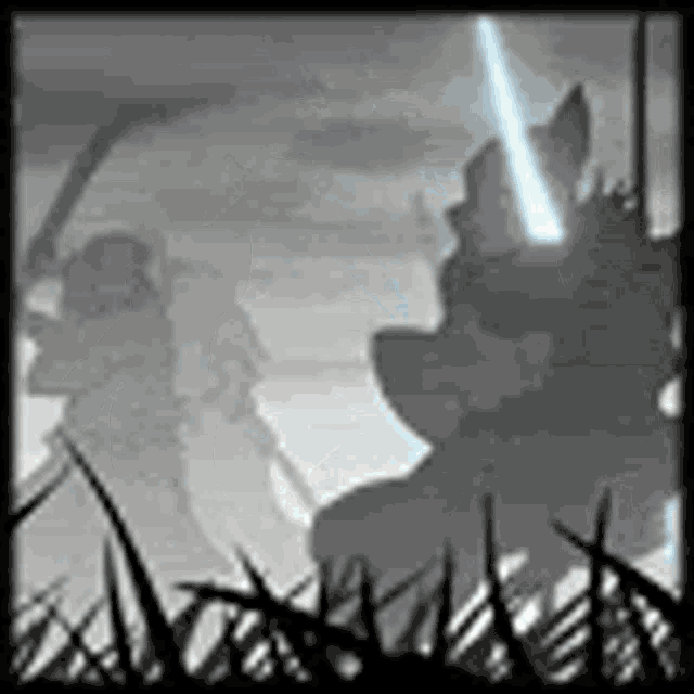 a silhouette of a person holding a sword in a field with a light saber .