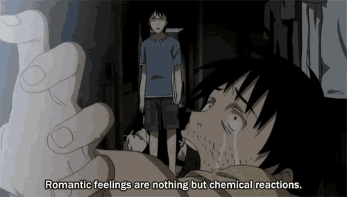 a cartoon of a man crying with the words " romantic feelings are nothing but chemical reactions " below him